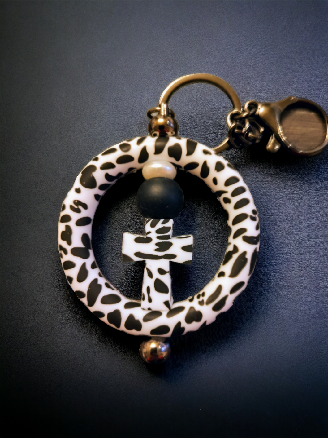 Cow Print Cross Keychain